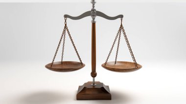 A balanced wooden scale with chains, symbolizing justice, fairness, and equality, set against a plain, light background. clipart