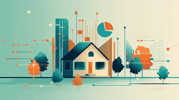 stock image Modern, abstract illustration of a house with surrounding data visualizations and trees, blending architecture and technology.