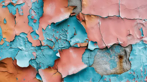 stock image Weathered wall with peeling blue and pink paint, revealing underlying layers and textures, creating an abstract, distressed look.