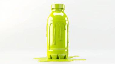 Eriyen sıvıyla dolu parlak yeşil bir şişe, beyaz arka planda pürüzsüz, canlı bir akış yaratıyor..
