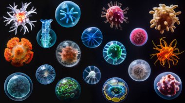 Değişik renkli ve eşsiz şekilli mikroskobik organizmalar karanlık bir arka plana karşı, biyolojik çeşitlilik ve karmaşıklık sergiliyor..