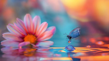 A butterfly balances on a water droplet near a flower, captured in a vibrant, colorful, and dreamy setting. clipart