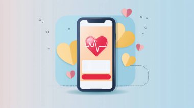 Kalp atışı ve kalp atışı ikonu olan, renkli kalplerle çevrili, sağlık teknolojisini temsil eden bir akıllı telefon..