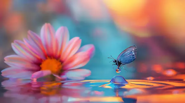 stock image A butterfly balances on a water droplet near a flower, captured in a vibrant, colorful, and dreamy setting.