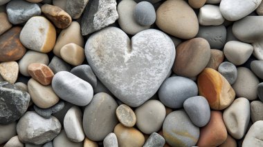 Kalp şeklinde taş, çeşitli pürüzsüz çakıl taşları arasında, benzersiz, doğal bir düzenle vurgulanıyor..