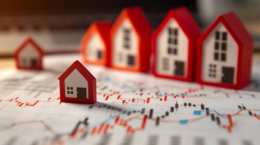 Small red and white model houses on a financial chart, symbolizing real estate market trends and investment analysis. clipart