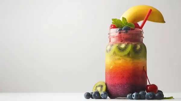 stock image Colorful layered smoothie in a mason jar with fruits and a red straw on a white background.