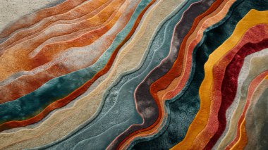 Renkli jeolojik katmanların soyut hava görüntüsü akışkan, organik şekilli dokulu bir haritaya benziyor..