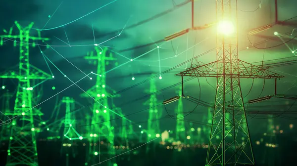 Stock image Network of green-lit power lines and towers connected by digital nodes, illustrating advanced electrical grid technology.