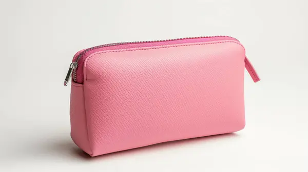 stock image A pink leather pouch with a zipper, showcased against a white background, emphasizing its simple and elegant design.