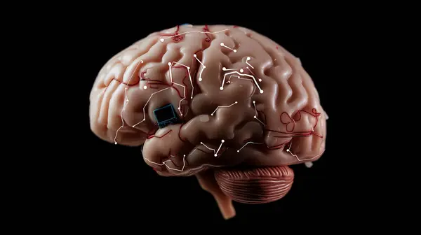 stock image A realistic human brain model with embedded circuits and neural pathways glowing on its surface, set against a dark background, symbolizing artificial intelligence.