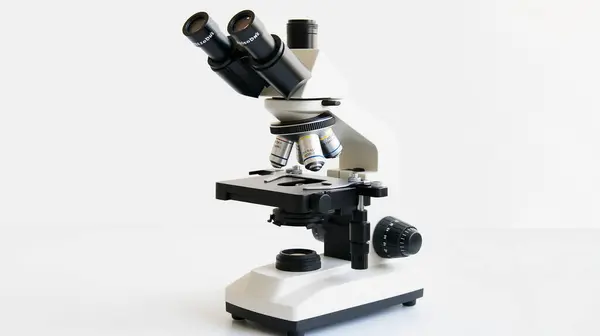 stock image A modern microscope with dual eyepieces and multiple objective lenses, set against a white background, showcasing scientific precision.