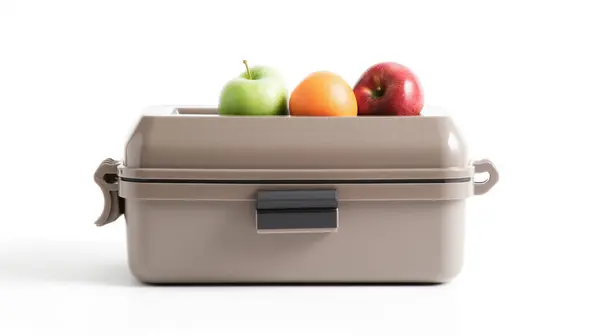 stock image Beige lunchbox containing green apple, orange, and red apple, against a white background.