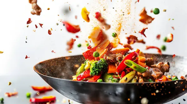 stock image Colorful vegetables and spices flying out of a wok during a cooking action shot.