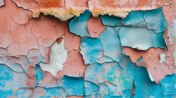 stock image Weathered and peeling paint in shades of blue, pink, and orange on an old, textured wall.