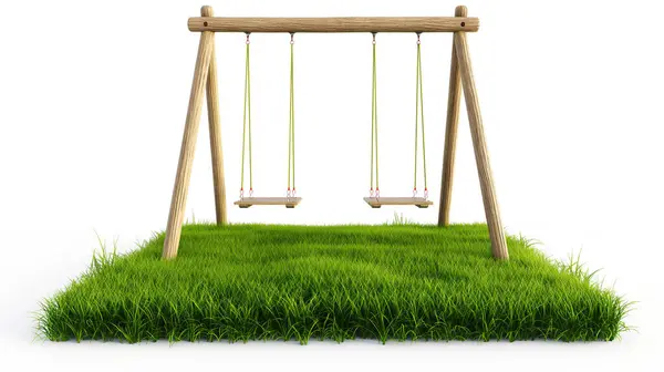 stock image A wooden swing set on a patch of lush green grass, evoking a simple and playful outdoor scene.