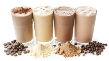 Dört bardak protein içeceği değişik tonlarda, önünde farklı protein tozları ve çikolata parçaları olan beyaz bir arka planda..