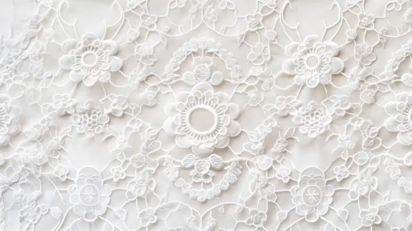 stock image Intricate white lace fabric with floral patterns, showcasing delicate craftsmanship and elegant design.