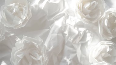 Kırışmış beyaz kağıttan arka planda beyaz çiçekler ince gölgeler ve dokularla minimalist, zarif bir kompozisyon oluşturuyor..