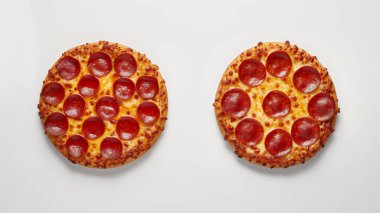 Beyaz arka planda yan yana sergilenen iki biberli pizza ve erimiş peynir..