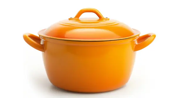 stock image A bright orange cooking pot with handles and a lid, showcasing its glossy finish and simple design on a white background.