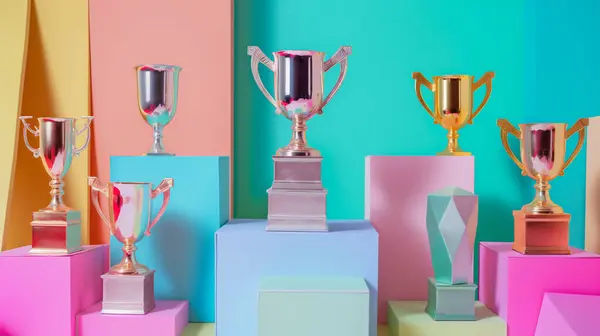 stock image Various trophies on colorful pedestals against pastel backgrounds, showcasing different shapes and sizes with vibrant, reflective surfaces.