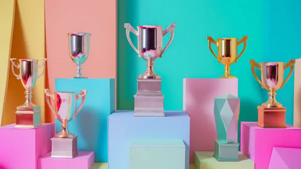 stock image Various trophies on colorful pedestals against pastel backgrounds, showcasing different shapes and sizes with vibrant, reflective surfaces.