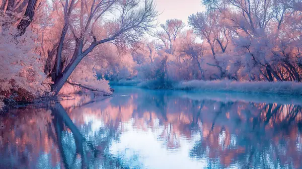 stock image Tranquil river scene with pink and blue trees reflected in the calm water.