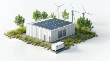 Güneş panelleri ve rüzgar türbinleri olan, verimli yeşilliklerin ortasına kurulmuş sürdürülebilir mimarinin bir örneği olan modern, çevre dostu bir tesis..