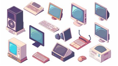 Eski bilgisayar donanımlarından oluşan nostaljik bir koleksiyon, son on yıllara ait sembolik tasarımları büyüleyici bir retro illüstrasyonla sergiliyor..