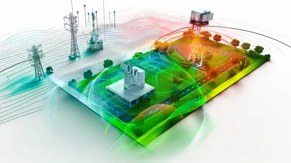 stock image A vibrant energy field envelops a futuristic landscape with towers and trees, illustrating advanced communication and connectivity.