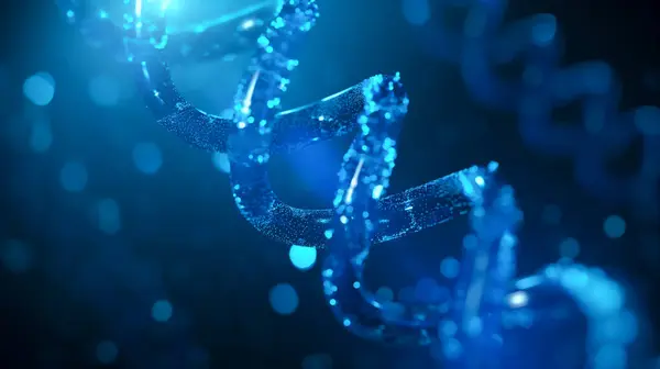 stock image A close-up of a DNA strand, illuminated in ethereal blue light, showcasing the intricate beauty and complexity of life's genetic code.