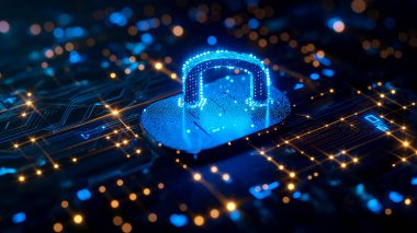 Teknoloji meraklısı bir dünyada güçlü siber güvenliği sembolize eden neon mavisinde parlayan dijital bir asma kilit..