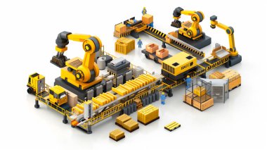 A futuristic, automated factory with yellow robotic arms and conveyor belts efficiently assembling products.