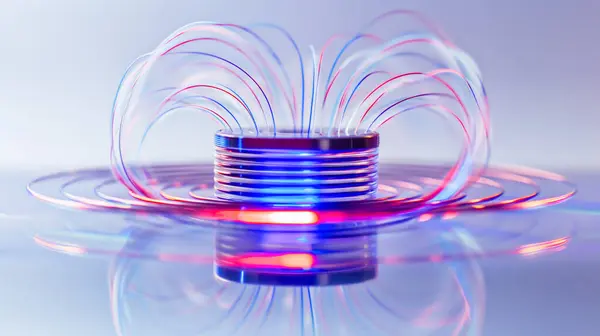 stock image Glowing electromagnetic field with vibrant blue and red light, illustrating scientific beauty.