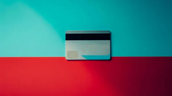 stock image A stylish credit card with a gradient teal and red background, representing modern financial convenience.