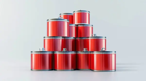 stock image Stack of shiny red and silver containers, organized in a pyramid shape.