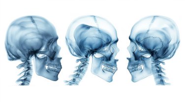 Bir insan kafatasının 3 boyutlu mavi anatomik modeli, kafanın tıbbi kavramlarını gösterir.