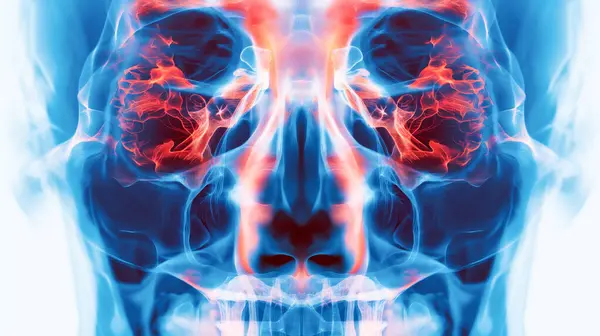 stock image A striking X-ray image of a skull, illuminated in red and blue hues, revealing the intricate details of its structure.