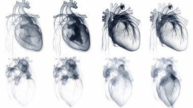 İnsan kalbini farklı açılardan gösteren bir dizi röntgen görüntüsü..