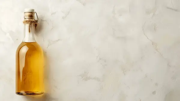 stock image A rustic bottle of golden oil against a textured white background, evoking a sense of simplicity and purity.