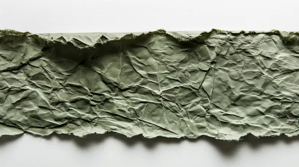 stock image Crinkled green paper strip against a white background, featuring rugged textures and earthy tones, adding a rustic, organic feel to any design.