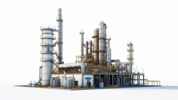 stock image Industrial refinery with complex pipes and towers, representing energy production.