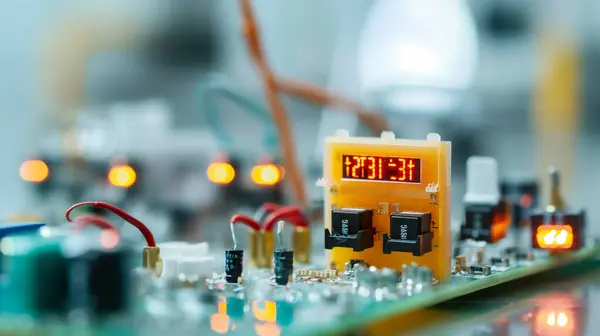 stock image A close-up of an electronic circuit board featuring glowing LEDs and a digital display, showcasing intricate wiring and components.