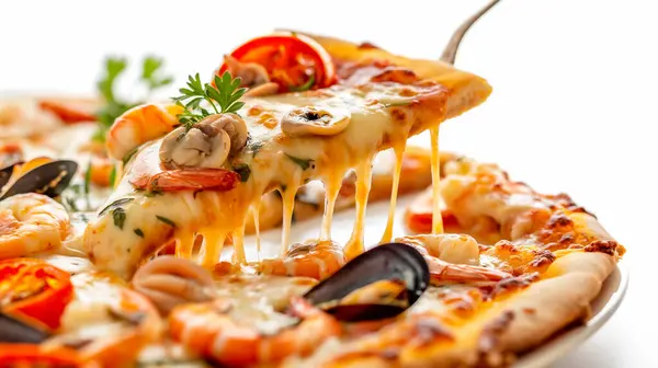 Stock image A slice of seafood pizza, brimming with shrimp, mussels, and melted cheese, promises a flavorful feast.