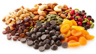 A colorful assortment of nuts, seeds, dried fruits, and chocolate chips, forming a tempting trail mix. clipart