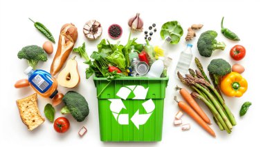 A green recycling bin surrounded by a mix of fresh vegetables and food products, promoting eco-friendly habits and sustainable living. clipart
