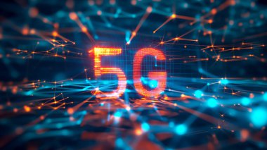 Fütürist 5G ağı bu dinamik, neon ışıklı dijital illüstrasyonda canlanıyor.