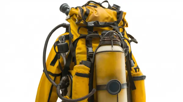 stock image A rugged yellow backpack equipped with a gas canister and variou