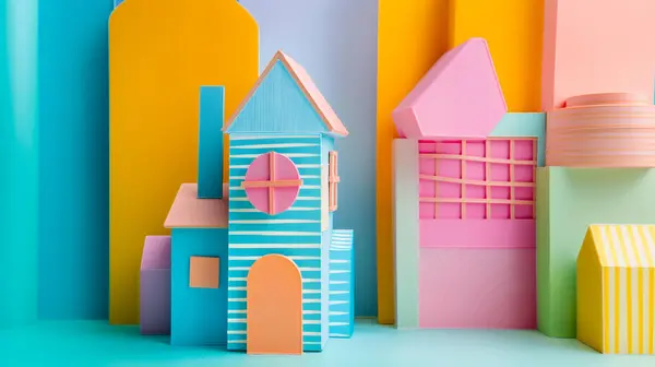 stock image Cheerful pastel houses in a colorful neighborhood, with playful shapes and vibrant hues.